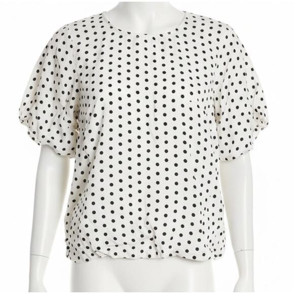 a new day Women Top Blouse XL Cream Black Polka Dots 100% Flutter Sleeves Office - Picture 1 of 7